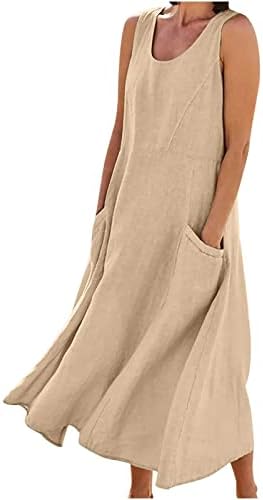 Kadın elbiseleri Yuvarlak Boyun Yaz Tankı Kıyafetler Kolsuz Maxi uzun elbise Rahat Gevşek Düz Elbise Cepler ile Moda