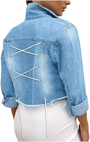Bayan Artı Boyutu Jean Ceket Casual Yaka Uzun Kollu Cep Düğme Aşağı Yıkama Sıkıntılı Cut Out Katı Denim Ceket
