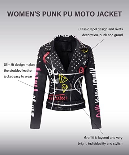 Bellıvera Faux Deri Ceket Kadınlar için Çivili Perçin Çiçek Moto Biker Kısa Yaka Ceket