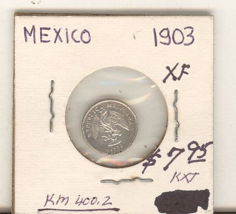 Meksika 1903 Aylık (Mexico City Darphanesi) 5 Centavo KM-400,2,, (0,9030 Gümüş), Ön XF, arka XF, 7,95 ABD Doları