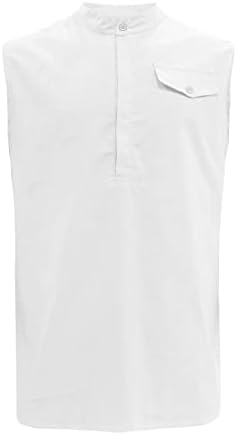 XXBR erkek Pamuk Keten Tank Top, düğme Aşağı Kolsuz Gömlek Yaz Plaj Temel Düz Renk Gevşek Tankı T-Shirt