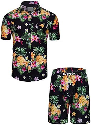 fohemr Erkek havai gömleği ve Kısa Plaj Seti Maç Tropikal Ananas / Flamingo Desen Kıyafetler Kısa Kollu Kısa 2 ADET