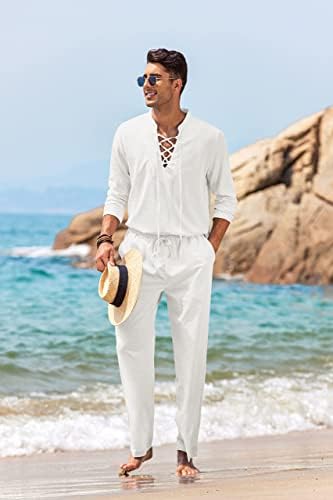 COOFANDY erkek 2 Parça Keten Set Uzun Kollu Henley Gömlek Casual Plaj cepli pantolon Yaz yoga kıyafetleri