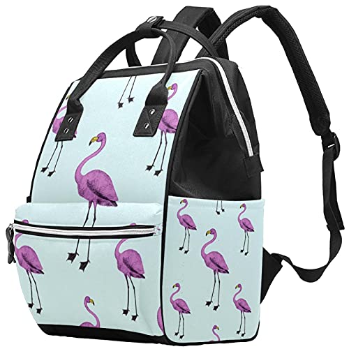 Büyük Bebek bezi çantası Sırt Çantası, Pembe Flamingo Açık Mavi Arka Plan Bez Torba Seyahat Sırt Çantası Anne ve Baba