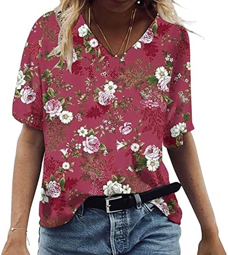Gevşek Fit T Shirt Kadın Artı Boyutu Çiçek Baskı Bluz V Boyun Kısa Kollu Tunik Üstleri Yaz Casual Gömlek