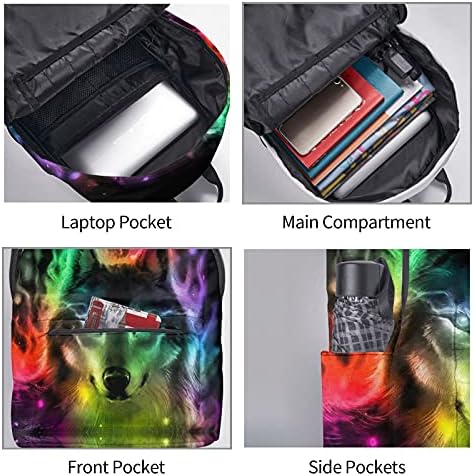FeHuew 16 inç sırt çantası Renkli Kurt Fantezi Yanan Laptop Sırt Çantası Tam Baskı Okul Sırt Çantası omuzdan askili