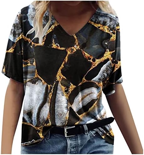 Kısa Kollu Tişört Bayan Pamuk Tekne Derin V Boyun Mermer Grafik Gevşek Fit Salonu Bluz T Shirt Bayanlar için HW