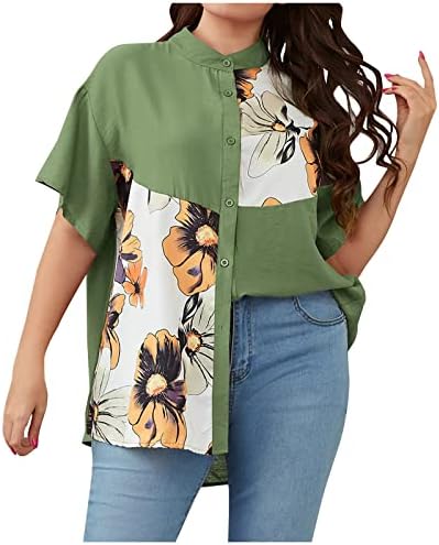 Bayan Artı Boyutu Üstleri, Yaz Rahat Pamuk ve Keten Düğme Aşağı Gömlek, Çiçek Grafik Patchwork Kısa Kollu Bluz