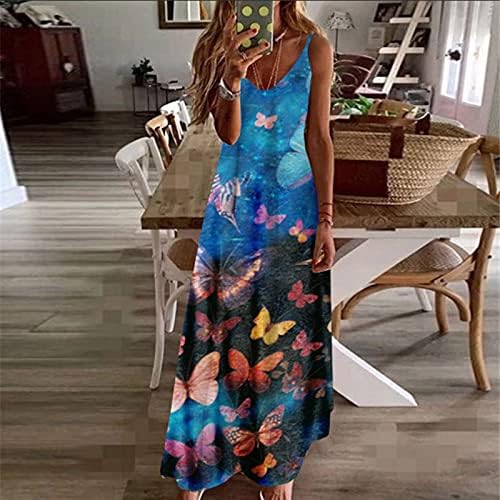 Kadın Yaz uzun elbise Kelebek Baskı Spagetti Kayışı V Boyun Rahat Kolsuz Derin Yaz Hawaii Plaj Maxi Elbise