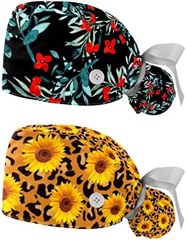 Çalışma Şapka Düğmeleri ve Kurdele Bağları Kadınlar için 2 Paket, Çiçek Çiçek Ayarlanabilir Unisex Cerrahi Kapaklar