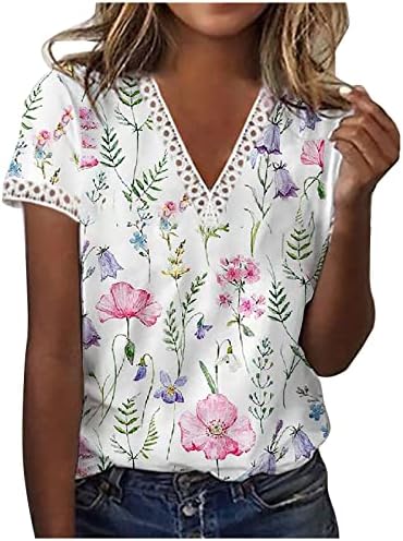 Kadın yazlık t-Shirt Üst Rahat Moda Çiçek Baskılı V Boyun Kısa Kollu Tee Gömlek Tops
