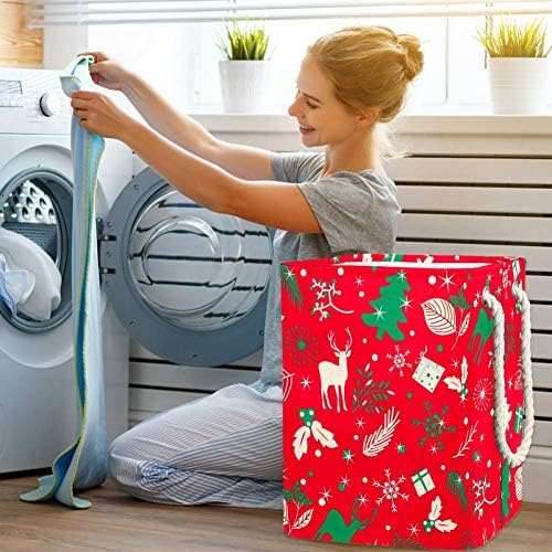 Merry Christmas Ağacı Yaprakları ve Geyik Kırmızı 300D Oxford PVC Su Geçirmez Giysi Sepeti Büyük çamaşır sepeti Battaniye