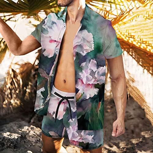 Erkekler 2 Parça Hawaii Çiçek Gömlek Setleri Casual Düğme Aşağı Kısa Kollu Gömlek ve Şort Takım Elbise Her Yerinde