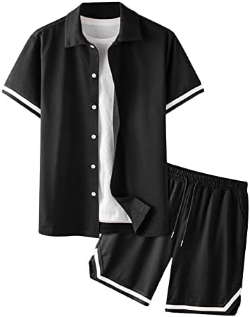 OYOANGLE erkek 2 Parça Kıyafetler Colorblock Kısa Kollu Düzenli Fit Yaka Düğme Aşağı Bluz Gömlek ve İpli Şort Setleri