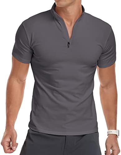 YTD erkek Uzun / Kısa Kollu polo gömlekler Çeyrek Zip Casual Slim Fit Mock Boyun Temel Tasarlanmış pamuk gömlekler