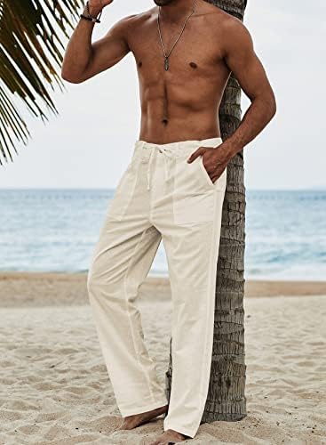 JMIERR Erkek Rahat Pamuk Keten Pantolon Elastik İpli Gevşek Fit Pantolon Hafif Yaz Plaj Yoga Pantolon