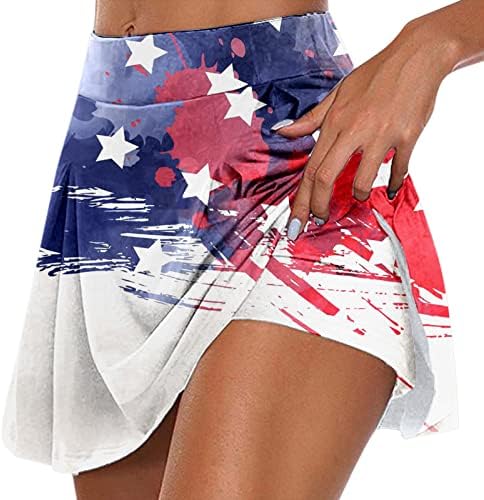 4 temmuz Tenis Etekler Şort Kadınlar için Yüksek Belli Pilili Dökümlü Golf Skorts 2 in 1 Amerikan Bayrağı Egzersiz