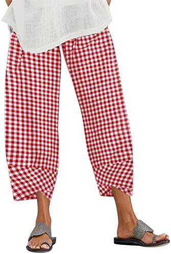 Kapri pantolonlar Kadınlar için Rahat Geniş Bacak Keten Pantolon Ekose Baskı Elastik Yüksek Belli harem plaj pantolonları
