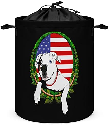Amerikan Bulldog Amerikan Bayrağı 42L Yuvarlak çamaşır sepeti Katlanabilir Giysi Sepetleri İpli Üst