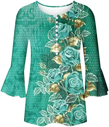 Çiçek Baskı Tunik Üstleri Kadınlar için Crewneck Düğme Aşağı Pilili Kısa Kollu Bluzlar Gevşek Kazak Gömlek
