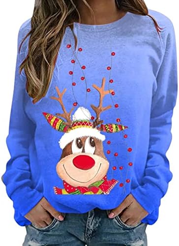 BADHUB kadın Noel Ren Geyiği Tişörtü Degrade Grafik Baskılı Uzun Kollu Casual Crewneck Renk Blok Gömlek Tops