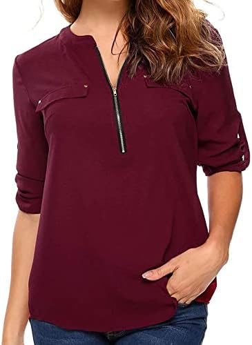 T Shirt Bayan Kısa 1/2 Kollu 2023 Şifon V Boyun Zip Up Casual Gevşek Fit Rahat Fit Temel Üst Gömlek bayanlar için