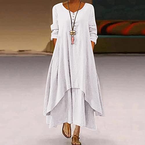 Bayan Rahat Fit Artı Boyutu Elbise Ekip Boyun Gazlı Bez Keten Elbise Uzun Kollu Maxi Düz Yaz Sonbahar Elbise Düğmesi
