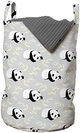 Ambesonne Panda Çamaşır Torbası, Yapraklı Dalları olan Tekrarlayan Karikatür Hayvan, Kulplu Sepet Çamaşırhaneler için