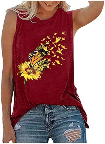 Oplxuo kadın Ayçiçeği Kelebek Grafik Tankı Üstleri Gömlek Yaz Artı Boyutu Gömlek Kolsuz Komik Baskı Casual Bluz Tops